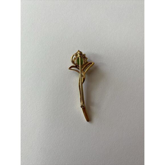 Vintage Gold Tone Pronged Jade Faux Diamonds Brooch Green Flower Pin - Picture 2 of 9